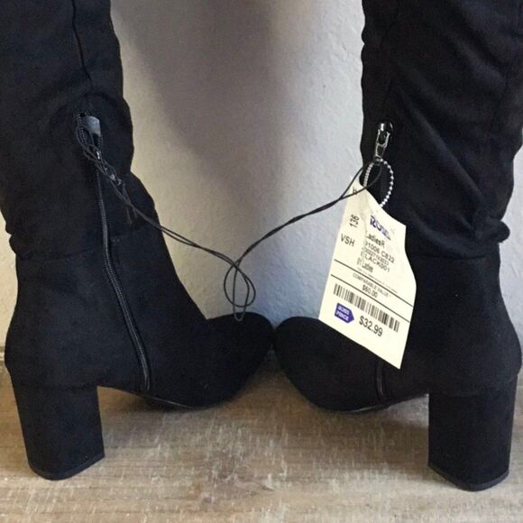 NWT black thigh length suede look chunky heel boots Size 5 1/2 - Picture 2 of 12